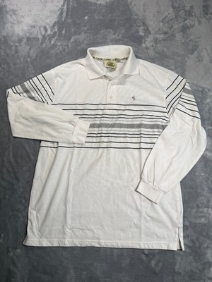 Lada Polo Shirt Mens S White Striped Cotton Short Sleeve Golf Tennis Side Slit