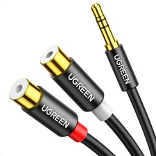 UGREEN RCA to Aux Cable 3.5mm Male 2RCA Female Adapter Hi-Fi 0.8FT, Black