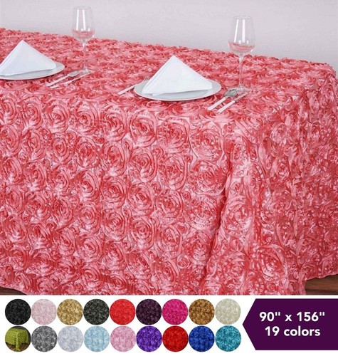90x156" SATIN Ribbon Rosette Rectangle TABLECLOTH Designer Wedding Party Linens