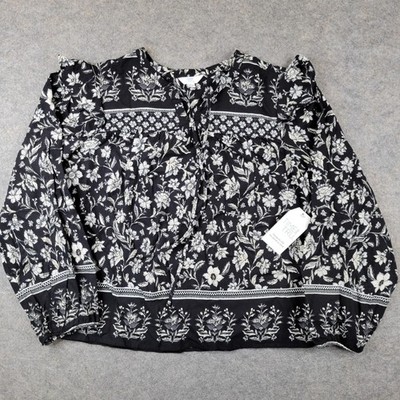 Time And Tru Blouse Womens XL Black Floral Long Sleeve Ruffle Flutter NWT