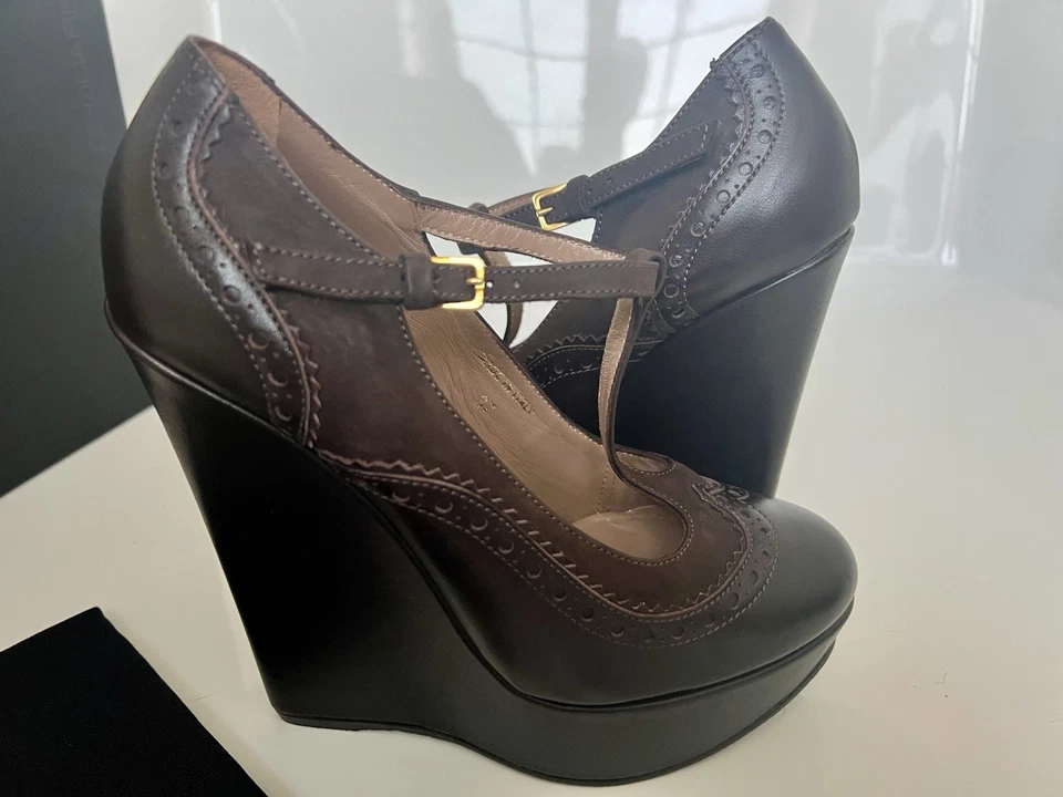 Zapatos de salón DSQUARED2 37/6 39/8 marrón Oxford punta de ala plataforma cuña alta Foto 3 de 4