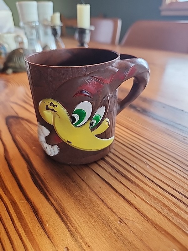 Vintage 1965 Woody Woodpecker Cartoon Mug - Molded Plastic Faux Wood Child Cup