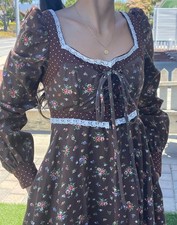 VTG 70s Gunne Sax Dark Floral Calico Prairie Dress Lace Corset Midi Pockets XS 5