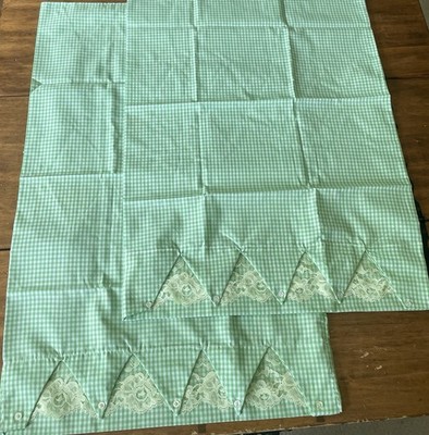 Vintage New Pair Green Gingham Plaid Calico Pillowcase Cottagecore Whimsy Lace