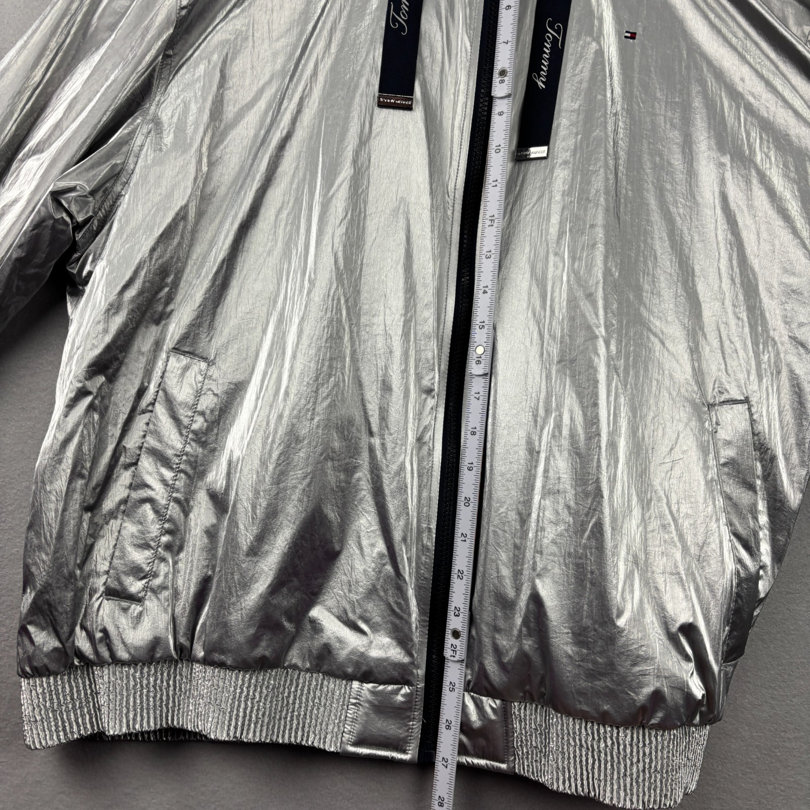 Tommy Hilfiger Metallic Silver Hooded Windbreaker Jacket Women's XL Full Zip thumbnail 10