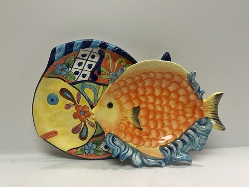 Two Hand Painted Brightly Colored Mix & Match Fish Plates