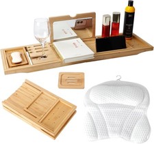 Expandable and Foldable Bamboo Bath Tray for Tub Soft and 4D Mesh Bathtub Pillow