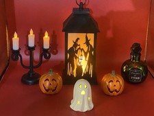 Lot of 6 Light Up Halloween Decorations Pumpkins Lantern Ghost Candleabra Jar