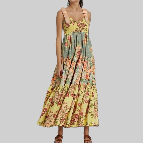 Abito donna bohemien floreale midi taglia L giallo spalla cravatta scollo a V colorato - Foto 3 di 17