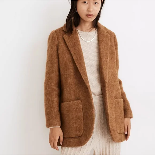 Madewell Blazer Larsen Women XS Camel Tan Boucle Wool Alpaca Blend Longline Coat