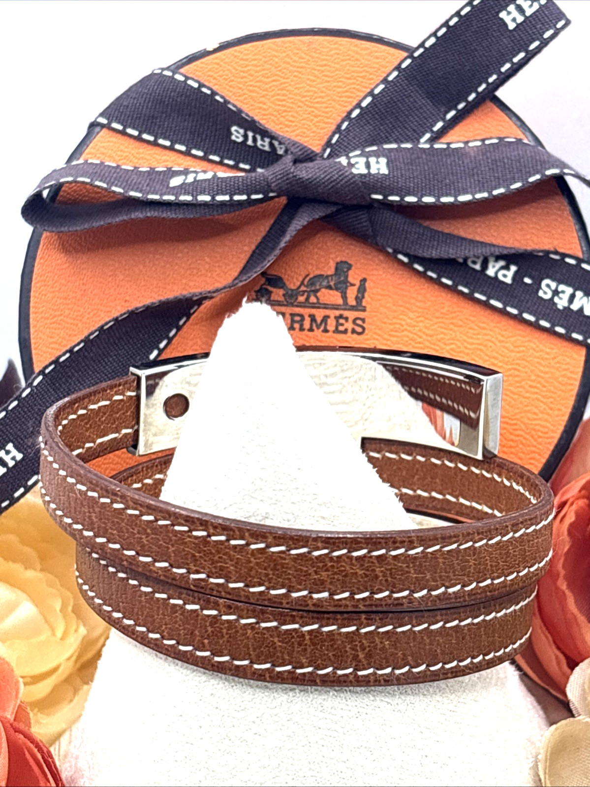 HERMES Pousse Pousse Silver Logo Double Wrap Bracelet Tan Brown Leather RARE image 3