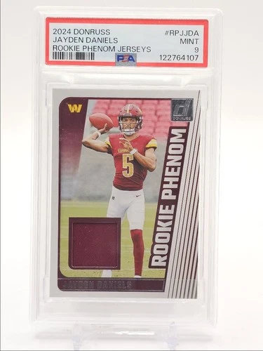 JAYDEN DANIELS 2024 DONRUSS FOOTBALL ROOKIE PHENOM PATCH MINT RC PSA 9 Q6377