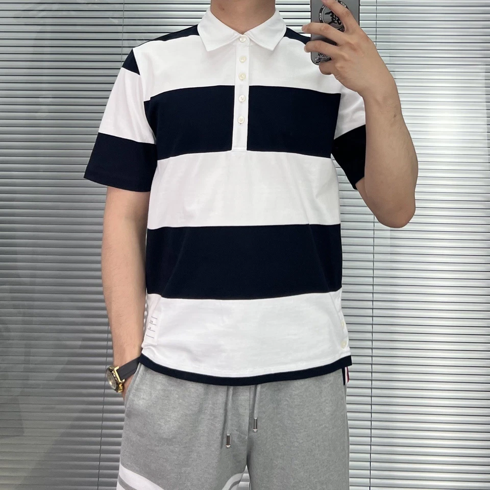 Thom Browne Men's New Classic Casual Summer Striped Lapel Short Sleeve Top - Image 4 of 4