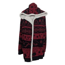 Harry Potter Fair Isle Sherpa Cardigan Size Medium Red Deathly Hallows Hooded