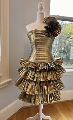 gold lame cocktail dress 1950S Metallic Acetate & Lurex Gold Lamé Cocktail Dress With Detachable Peplum Skirt main image 0