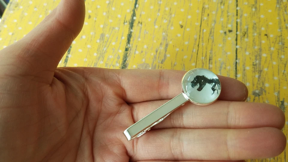  Clip de corbata de hueso fósil dinosaurio T.Rex blanco y negro de 18 mm, accesorios para hombre Foto 3 de 4