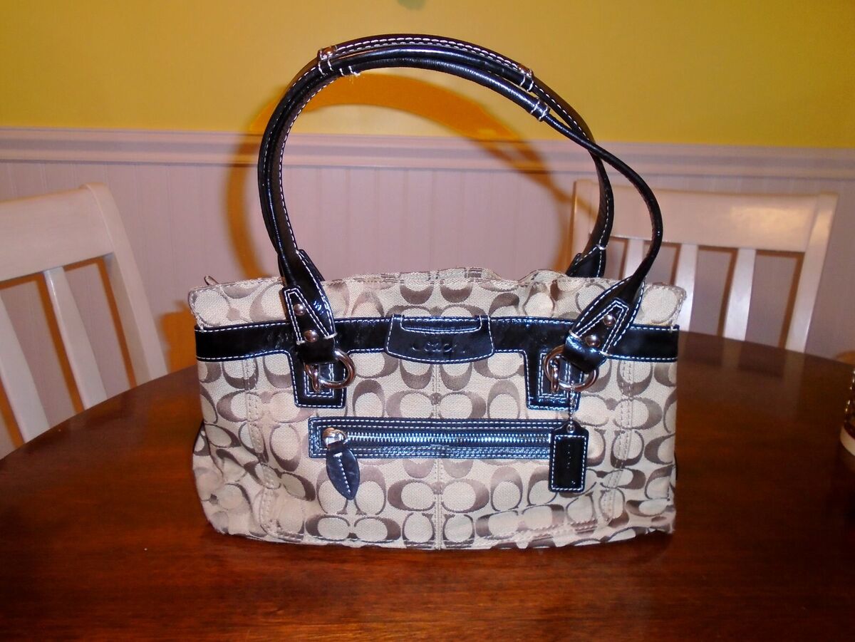 COACH Signature C Design Leather Trimmed Canvas Purse