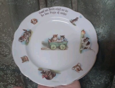 Antique or Vintage Kittens Puppies Goldtone Rim Three Crown (Germany) Rare Plate