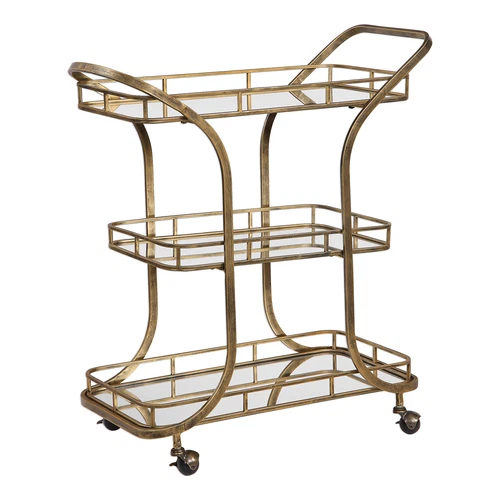 Retro Mid Century Tiered Gold Serving Bar Cart | Mirrored Shelves Rolling Wheels - Picture 7 of 7