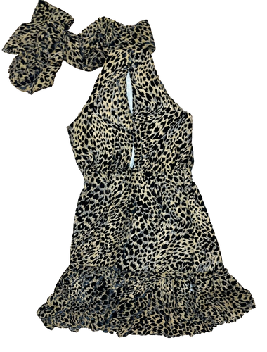 RIXO London Leopard Print Mini Dress Size XS lNeck Tie Sleeveless Ruffle - Picture 4 of 14