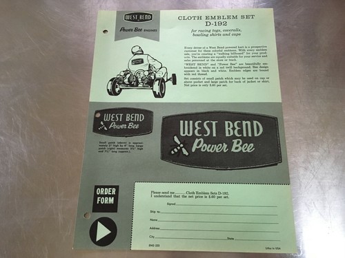 Vintage West Bend Order Form to WB dealers: Power Bee Cloth Emblem Set D-192