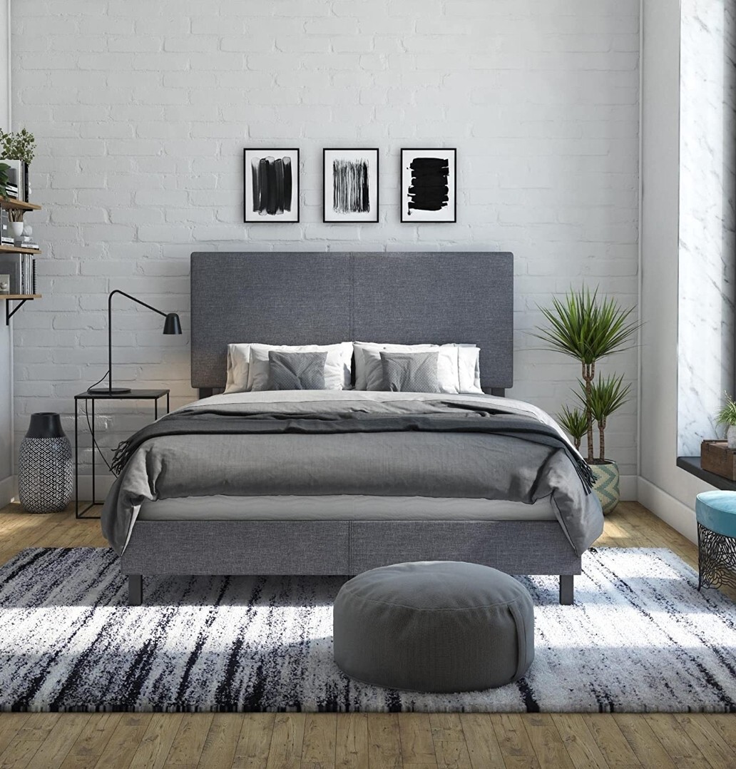 Upholstered Platform Bed with Modern Vertical Stitching on R