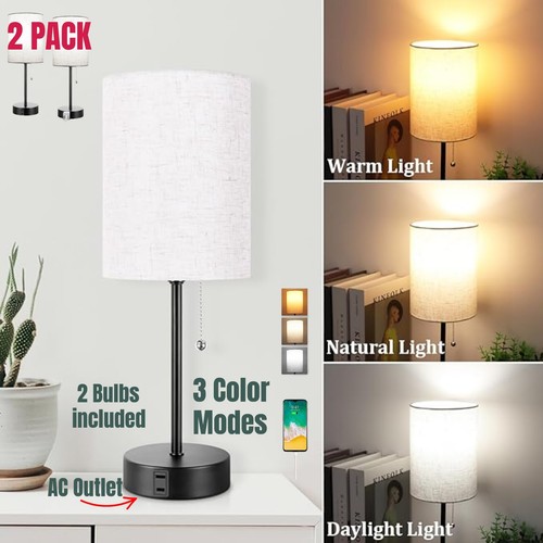 2 SET Bedside Table Lamps with 3 Color Modes and AC Outlet
