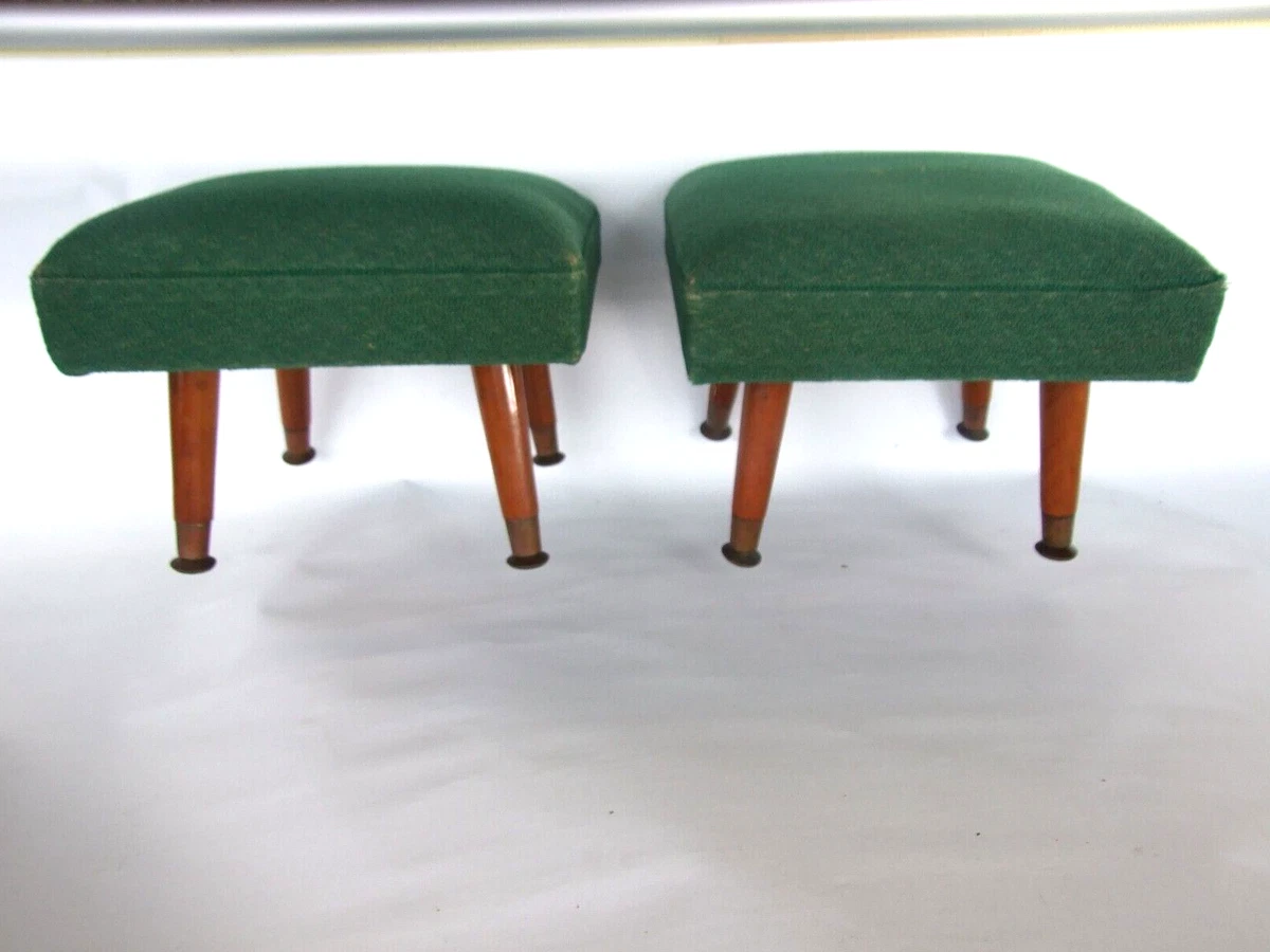 Pair Mid Century Retro Footstools Green Upholstery Taped Legs Original 1960 s