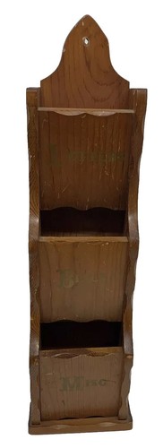 VTG 60s WOOD WALL MOUNT 3 TIER MAIL LETTERS BILLS MISC HOLDER 22” X 3.5” X 5.5”