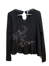 LC LAUREN CONRAD Long Sleeve Top XLarge Black Keyhole Peplum Floral Knit
