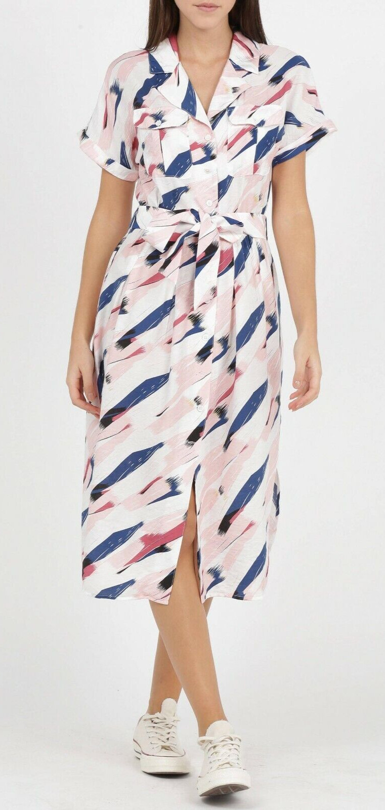 FRNCH Printed Midi Dress Tailored Collar Tie Waist Pockets Size 8 Uk BNWT Rose