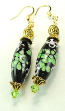 Black Green Patttern Lampwork Earrings Gold Color Etch Beads Handmade Jewelry