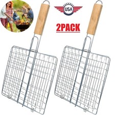 2  Grill BBQ Net Barbecue Grilling Basket Steak Meat Fish Vegetable Holder Tools