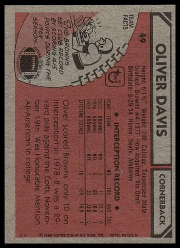 1980 Topps #49 Oliver Davis Cleveland Browns - Picture 2 of 2