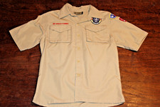 Boy Scouts of America BSA Youth Shirt Tan Large Sewn Patches Short Sleeve