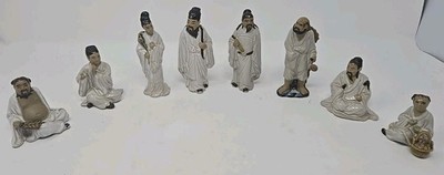 Set Of 8 Chinese Ceramic Shiwan Mudman Scholars Figurines