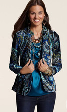 Chicos Blazer Jacket Sz 2 Large Velour Paisley Floral Boho Statement Blue Green