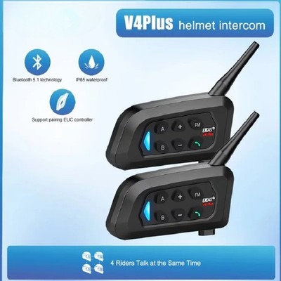 V4 Plus Motorcycle Helmet Interphone Bluetooth 5.1 4-Way 1200M Intercom Headset