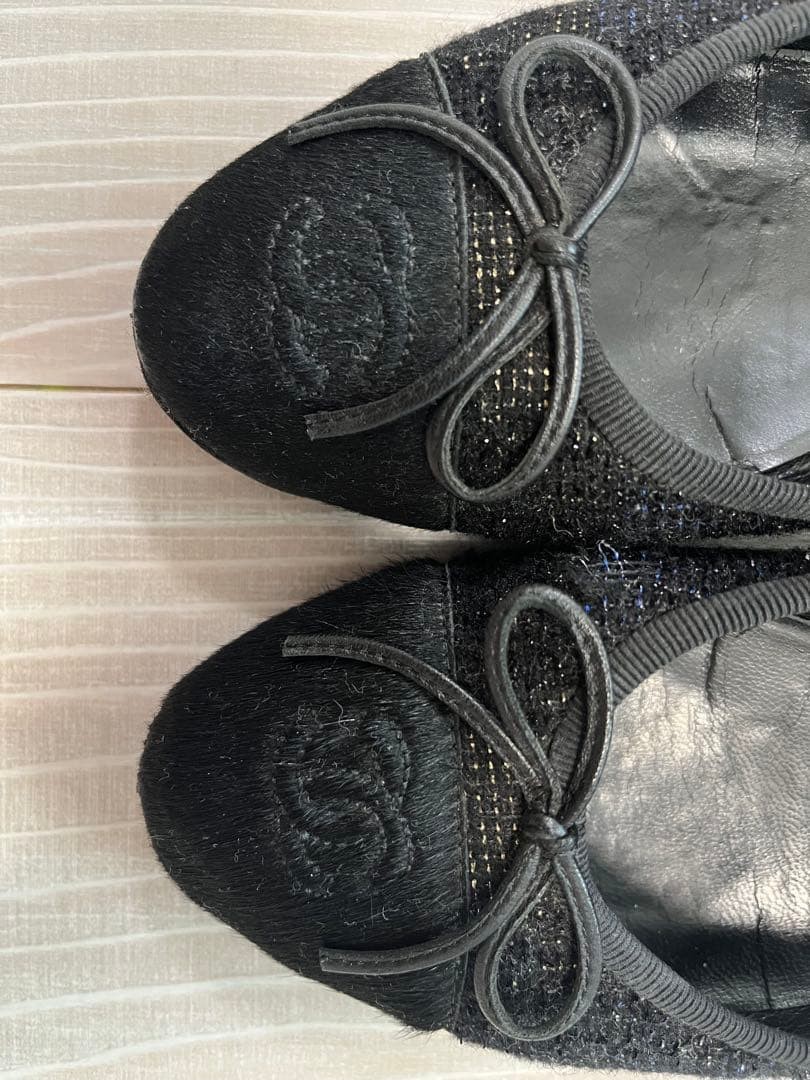 Chanel Ballet Flats Shoes Black Tweed Embroidered Logo Size 38 US Abt8 For Women thumbnail 16