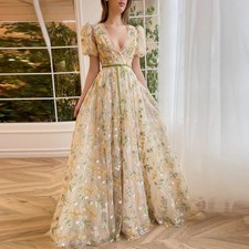 V Neck Prom Dresses Lace Appliques Belt A Line Tulle Simple Evening Gowns