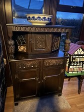 Ercol Solid Oak Dresser Buffet Bar Ornate Leaded Glass Heavy Beautiful