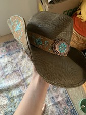 Bullhide Women's Straw Cowboy Hat Embroidered Leather Turquoise Concho Band S