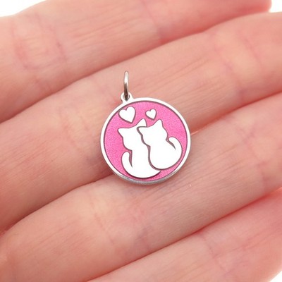 925 Sterling Silber Rosa Emaille Katze Paar Runde Anhänger Mini Charm Anhänger