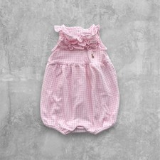Ralph Lauren Baby Girl Pink Gingham Bubble Romper 100 Cotton Brown Pony Logo 3M