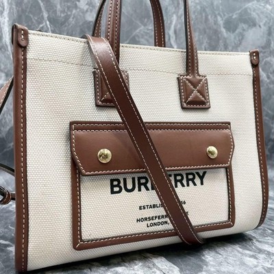 Burberry Mini Freya Tote Bag Canvas Brown Leather Horseferry 2WAY Shoulder Bag
