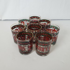 Vintage-Houze-Stained-Glass-Merry-Christmas-Glasses-Set-Of-8-Red-Green