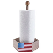 NEW Patriotic USA American Flag Wooden Paper Towel Holder w/ hexagonal base