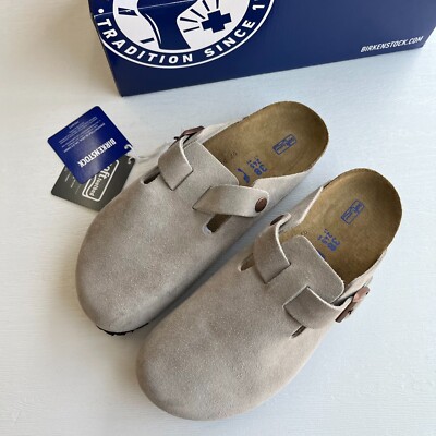 Birkenstock Boston Taupe Suede Leather Clog Soft Footbed - New