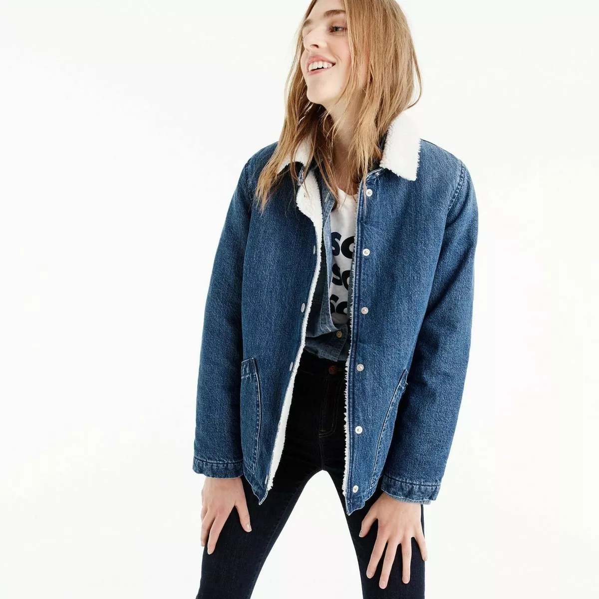 J crew denim sherpa swing best sale jacket
