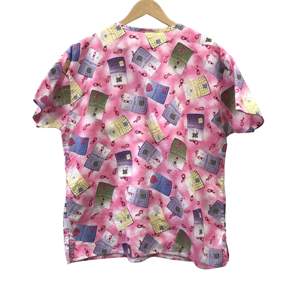 Crest Scrub Top Womens Medium Breast Cancer Pink Ribbon White - Image 3 of 4